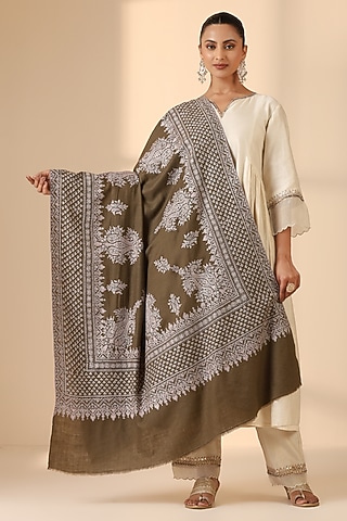 Brown Pashmina Wool Sozni Embroidered Handwoven Shawl by DUSALA  ACCESSORIES