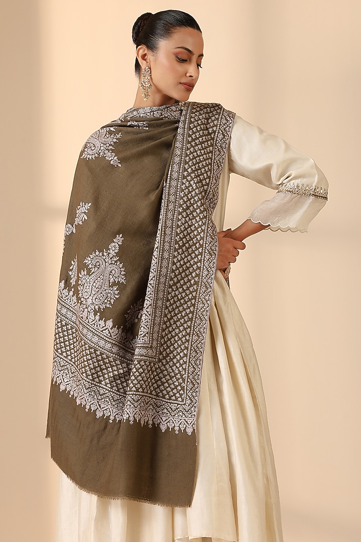 Brown Pashmina Wool Sozni Embroidered Handwoven Shawl by DUSALA  ACCESSORIES at Pernia's Pop Up Shop