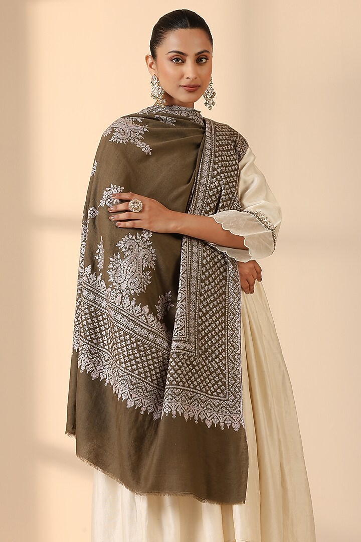 Brown Pashmina Wool Sozni Embroidered Handwoven Shawl by DUSALA  ACCESSORIES at Pernia's Pop Up Shop