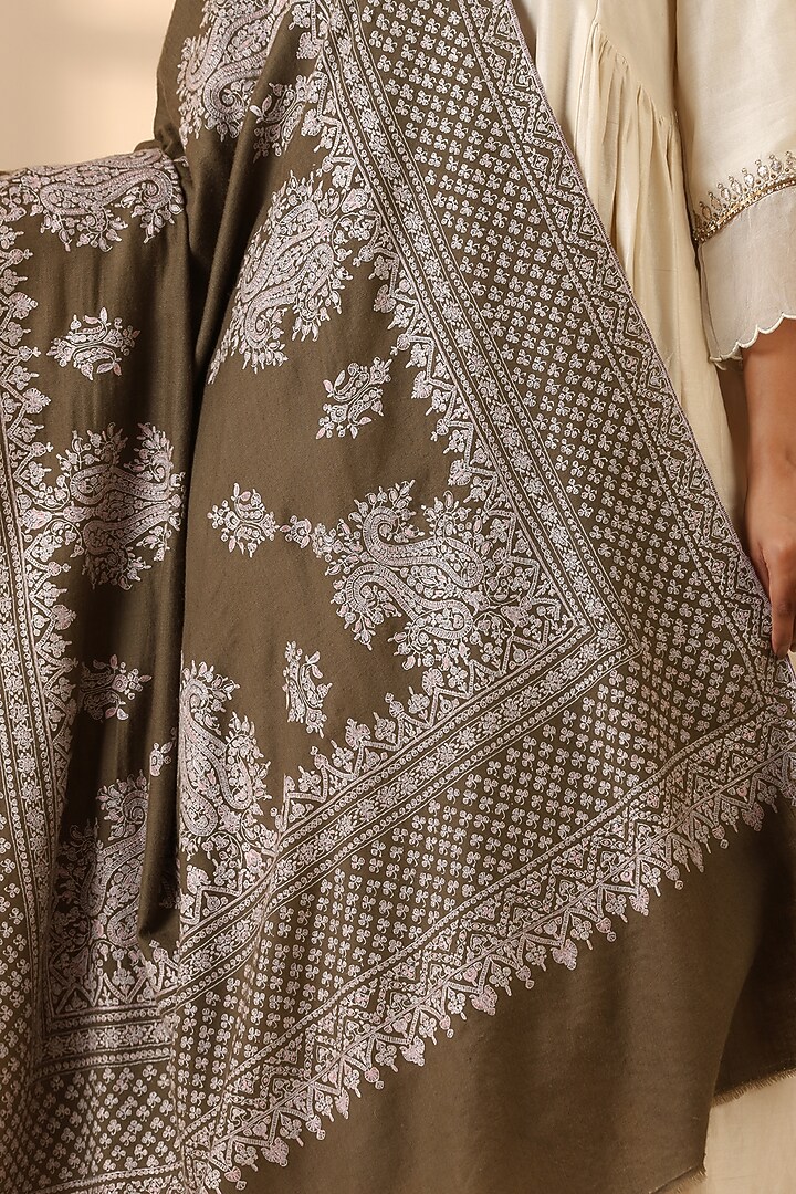 Brown Pashmina Wool Sozni Embroidered Handwoven Shawl by DUSALA  ACCESSORIES at Pernia's Pop Up Shop