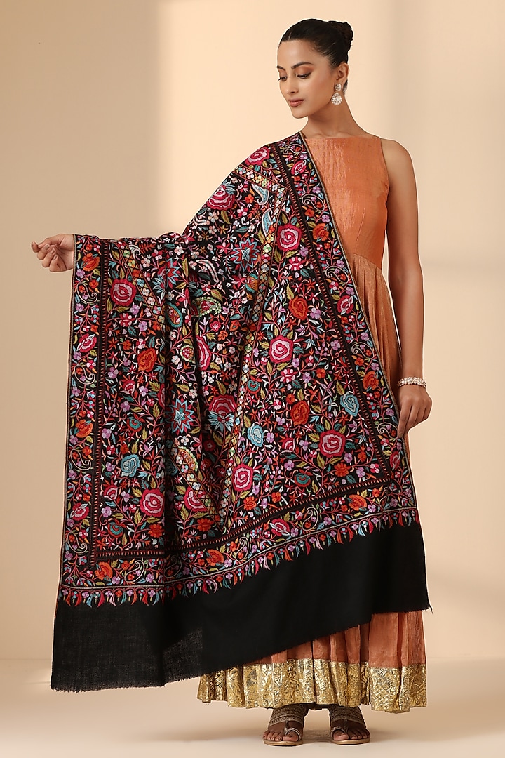 Multi-Colored Pashmina Wool Embroidered Handwoven Shawl by DUSALA  ACCESSORIES at Pernia's Pop Up Shop