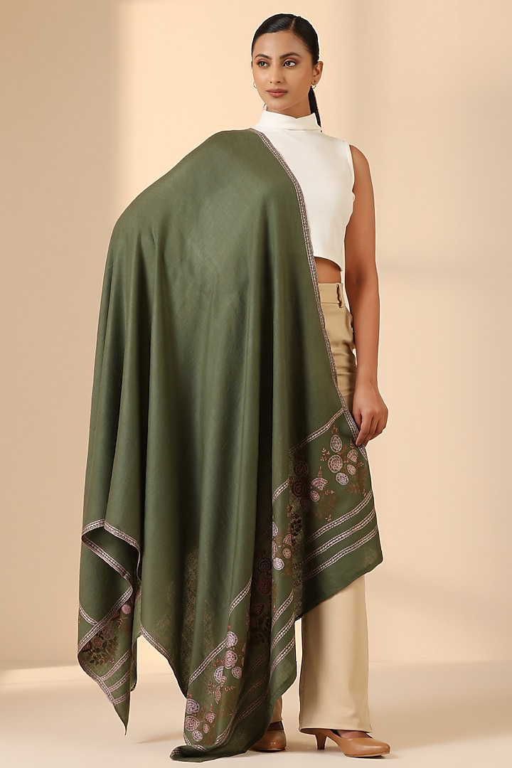 Green Pashmina Wool Embroidered Handwoven Shawl by DUSALA  ACCESSORIES at Pernia's Pop Up Shop