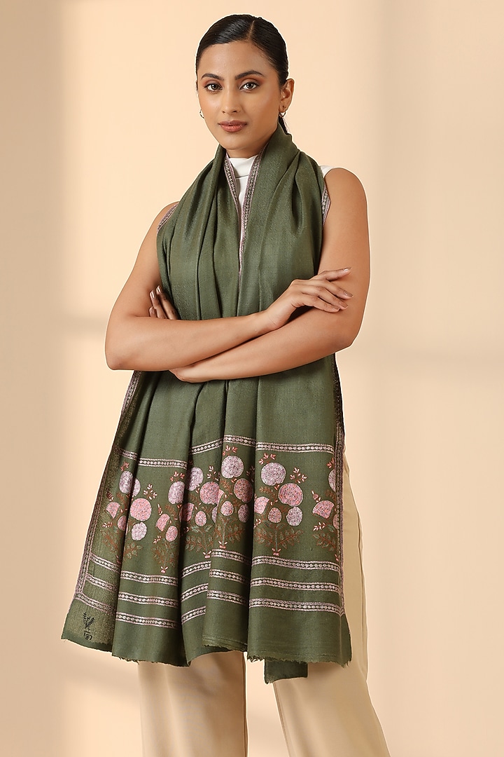 Green Pashmina Wool Embroidered Handwoven Shawl by DUSALA  ACCESSORIES at Pernia's Pop Up Shop