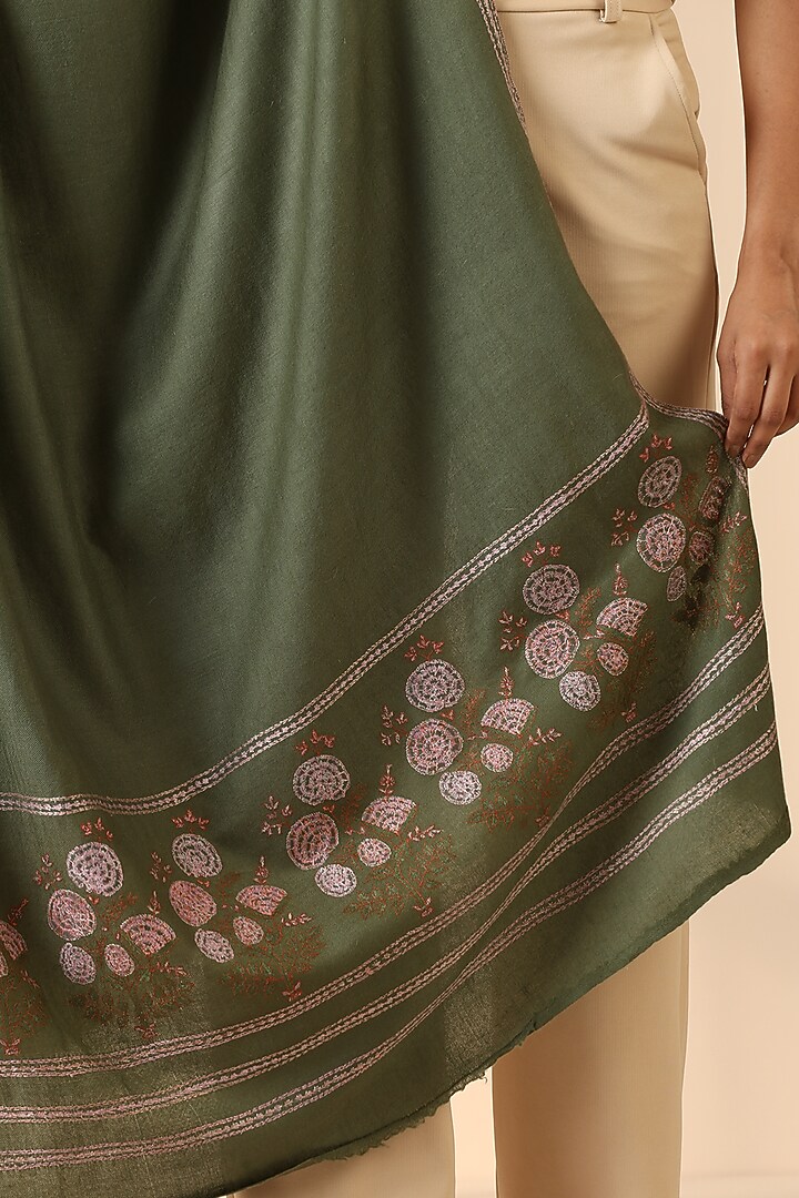 Green Pashmina Wool Embroidered Handwoven Shawl by DUSALA  ACCESSORIES at Pernia's Pop Up Shop