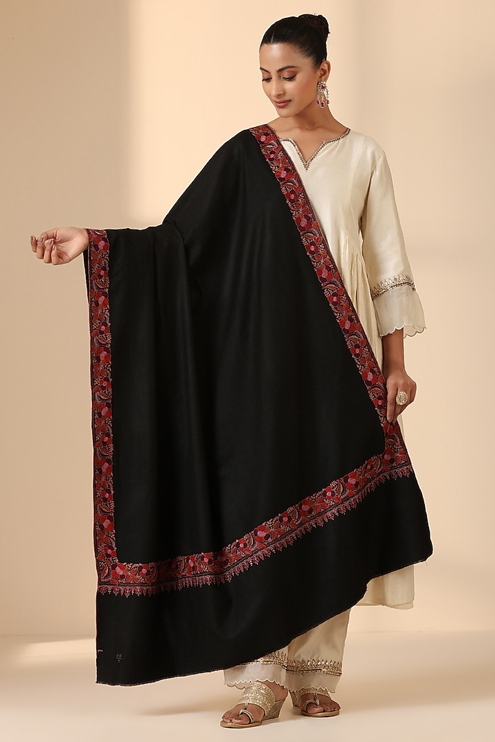 Black Pashmina Wool Embroidered Handwoven Shawl by DUSALA  ACCESSORIES at Pernia's Pop Up Shop