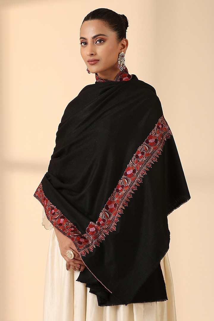 Black Pashmina Wool Embroidered Handwoven Shawl by DUSALA  ACCESSORIES at Pernia's Pop Up Shop
