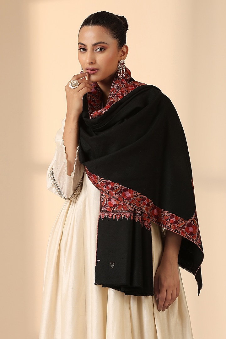 Black Pashmina Wool Embroidered Handwoven Shawl by DUSALA  ACCESSORIES at Pernia's Pop Up Shop