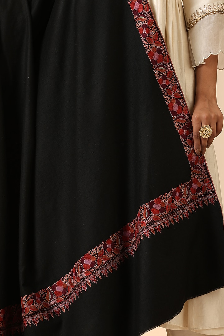Black Pashmina Wool Embroidered Handwoven Shawl by DUSALA  ACCESSORIES at Pernia's Pop Up Shop