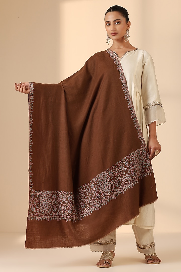 Brown Pashmina Wool Embroidered Handwoven Shawl by DUSALA  ACCESSORIES at Pernia's Pop Up Shop