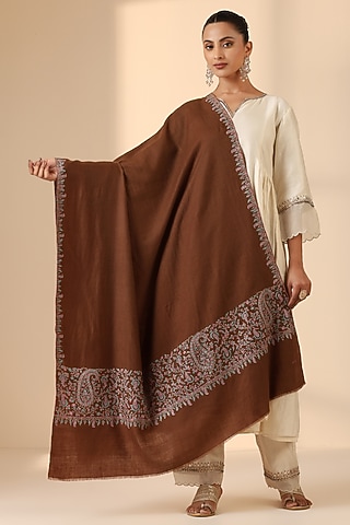 Brown Pashmina Wool Embroidered Handwoven Shawl by DUSALA  ACCESSORIES
