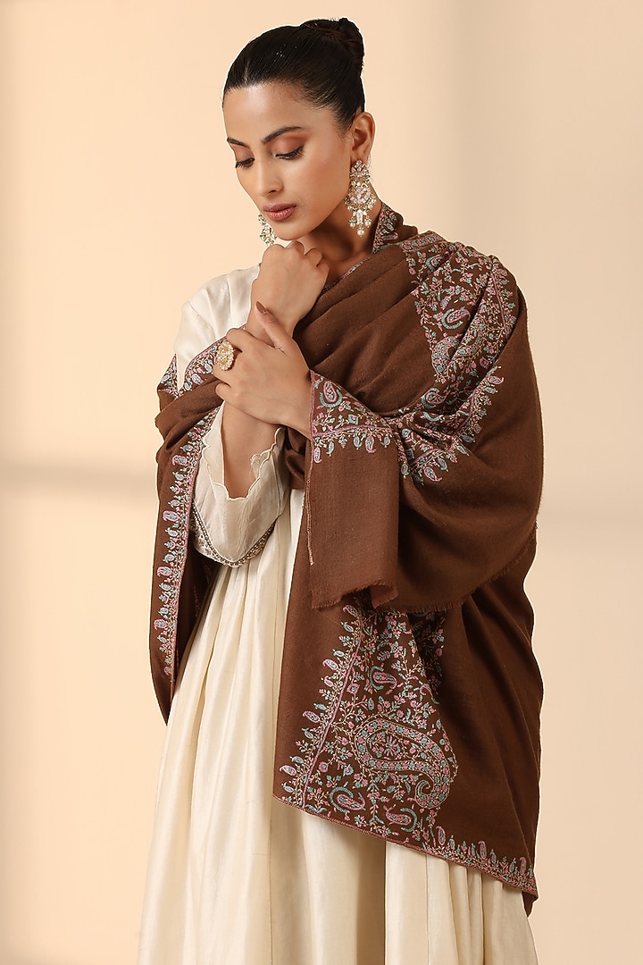 Brown Pashmina Wool Embroidered Handwoven Shawl by DUSALA  ACCESSORIES at Pernia's Pop Up Shop