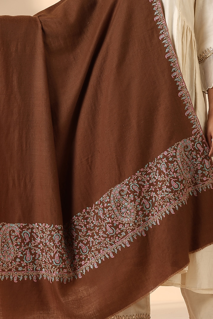 Brown Pashmina Wool Embroidered Handwoven Shawl by DUSALA  ACCESSORIES at Pernia's Pop Up Shop