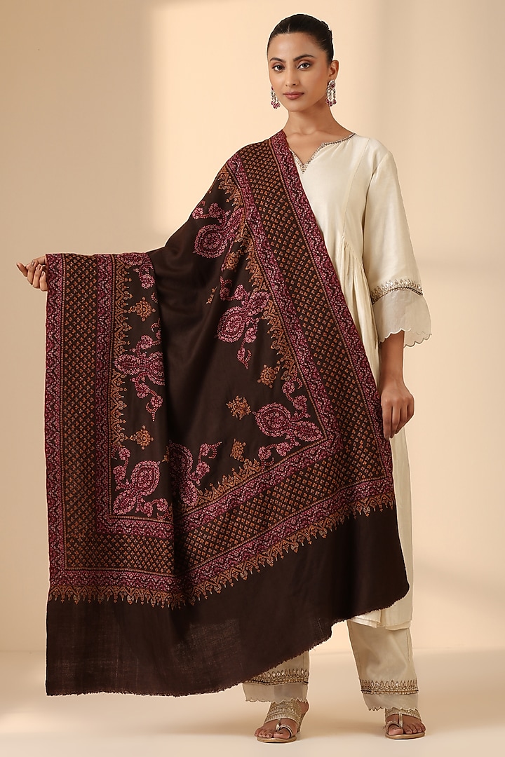 Brown Pashmina Wool Embroidered Handwoven Shawl by DUSALA  ACCESSORIES at Pernia's Pop Up Shop