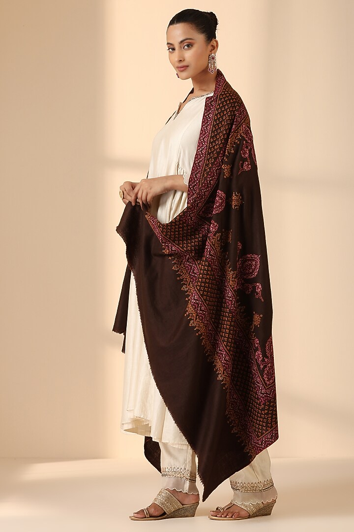 Brown Pashmina Wool Embroidered Handwoven Shawl by DUSALA  ACCESSORIES at Pernia's Pop Up Shop
