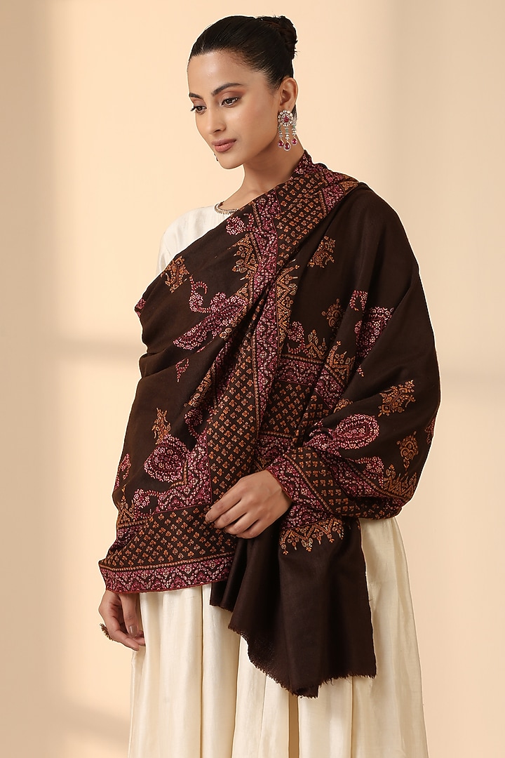 Brown Pashmina Wool Embroidered Handwoven Shawl by DUSALA  ACCESSORIES at Pernia's Pop Up Shop