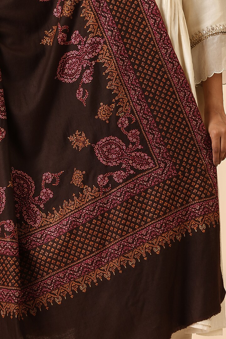 Brown Pashmina Wool Embroidered Handwoven Shawl by DUSALA  ACCESSORIES at Pernia's Pop Up Shop