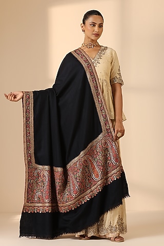 Black Pashmina Wool Embroidered Handwoven Shawl by DUSALA  ACCESSORIES