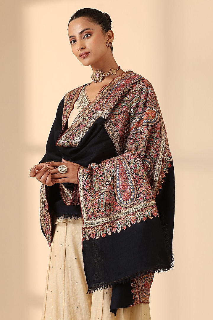 Black Pashmina Wool Embroidered Handwoven Shawl by DUSALA  ACCESSORIES at Pernia's Pop Up Shop