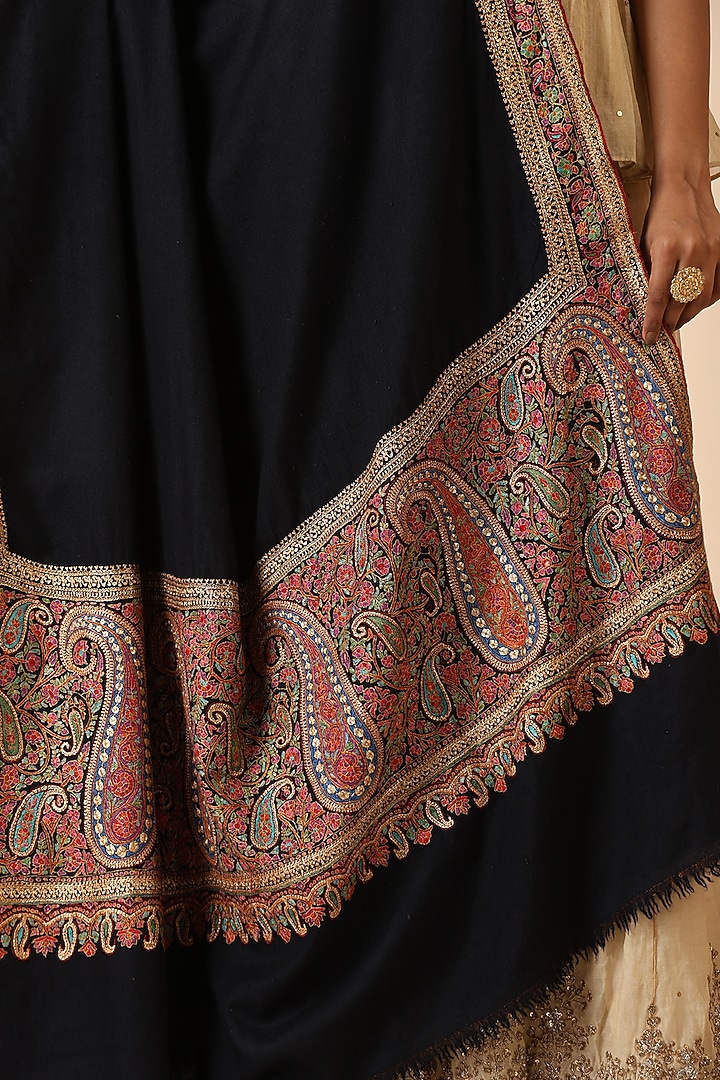 Black Pashmina Wool Embroidered Handwoven Shawl by DUSALA  ACCESSORIES at Pernia's Pop Up Shop