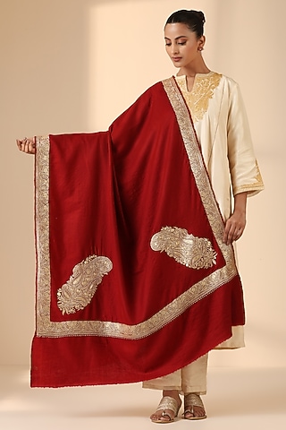 Maroon Pashmina Wool Zari Embroidered Handwoven Shawl by DUSALA  ACCESSORIES