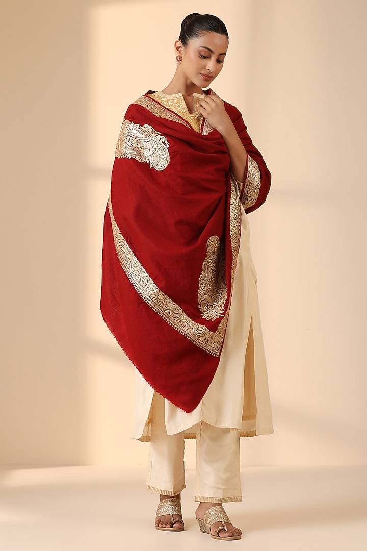Maroon Pashmina Wool Zari Embroidered Handwoven Shawl by DUSALA  ACCESSORIES at Pernia's Pop Up Shop