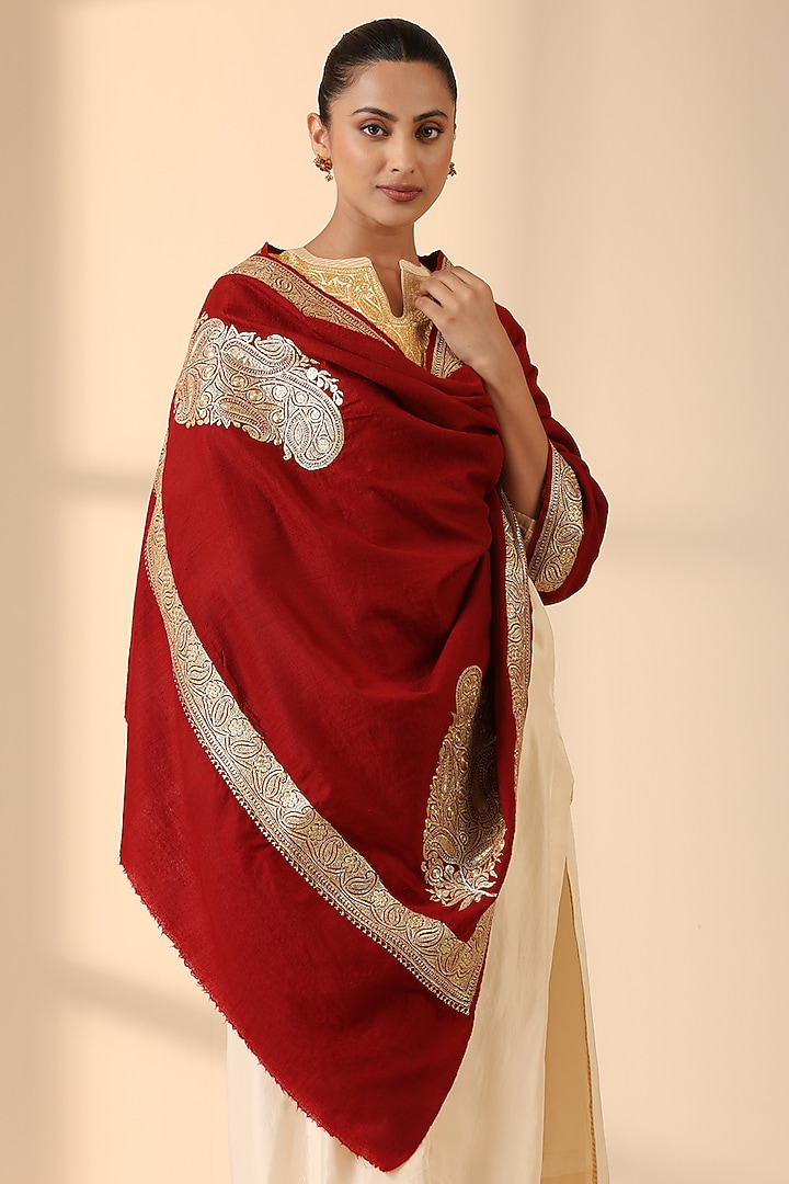 Maroon Pashmina Wool Zari Embroidered Handwoven Shawl by DUSALA  ACCESSORIES at Pernia's Pop Up Shop