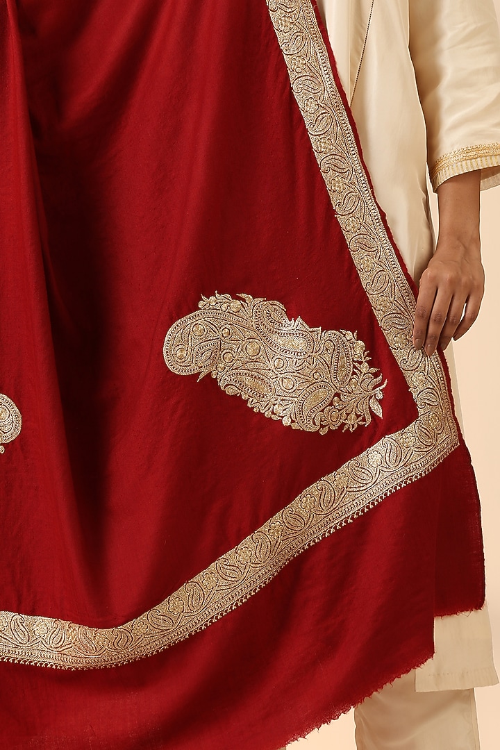 Maroon Pashmina Wool Zari Embroidered Handwoven Shawl by DUSALA  ACCESSORIES at Pernia's Pop Up Shop
