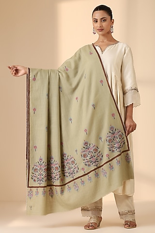 Beige Pashmina Wool Kalamkari Handwoven Shawl by DUSALA  ACCESSORIES