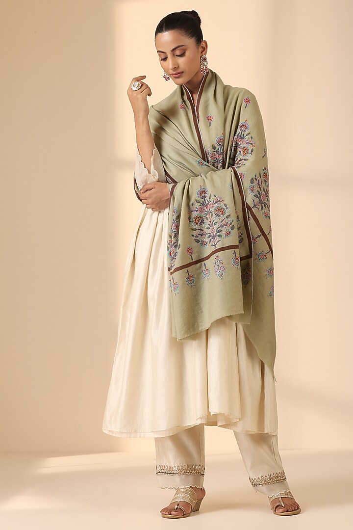 Beige Pashmina Wool Kalamkari Handwoven Shawl by DUSALA  ACCESSORIES at Pernia's Pop Up Shop