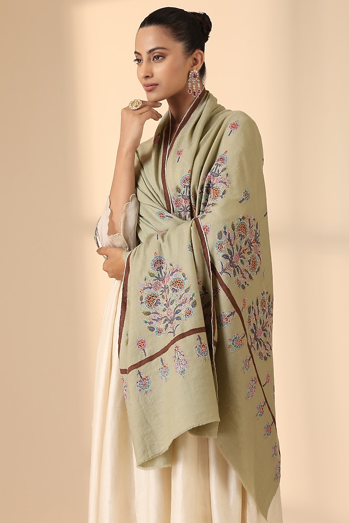 Beige Pashmina Wool Kalamkari Handwoven Shawl by DUSALA  ACCESSORIES at Pernia's Pop Up Shop