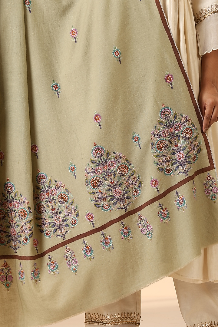 Beige Pashmina Wool Kalamkari Handwoven Shawl by DUSALA  ACCESSORIES at Pernia's Pop Up Shop