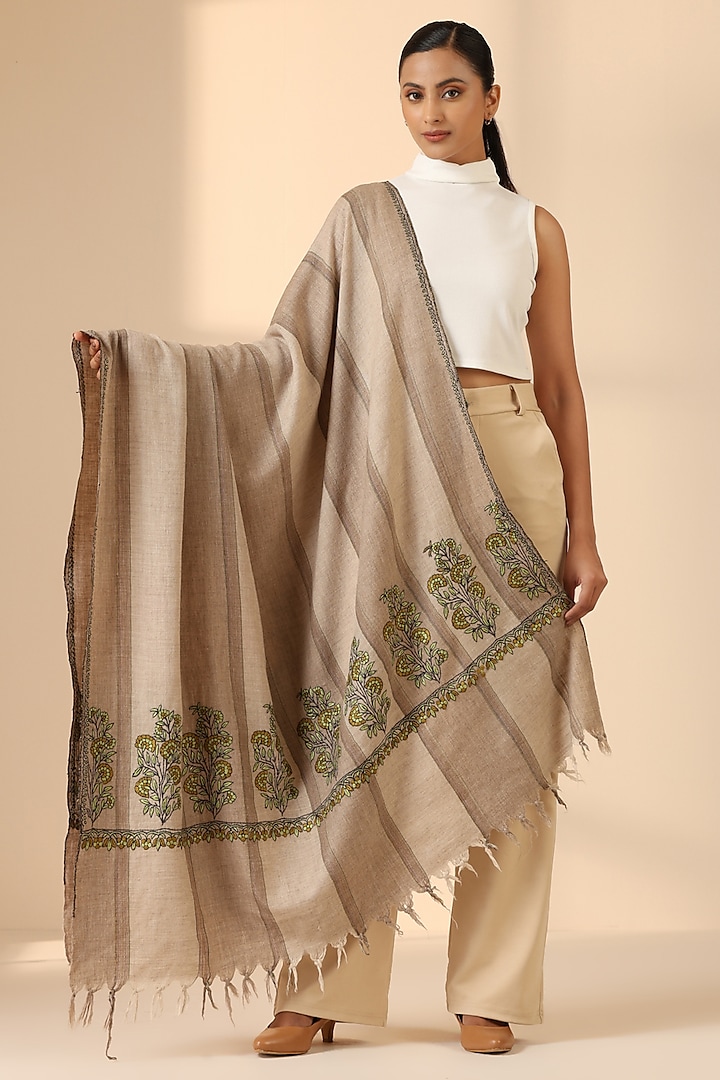 Beige Pashmina Wool Embroidered Handwoven Shawl by DUSALA  ACCESSORIES at Pernia's Pop Up Shop