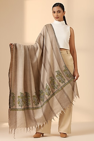 Beige Pashmina Wool Embroidered Handwoven Shawl by DUSALA  ACCESSORIES