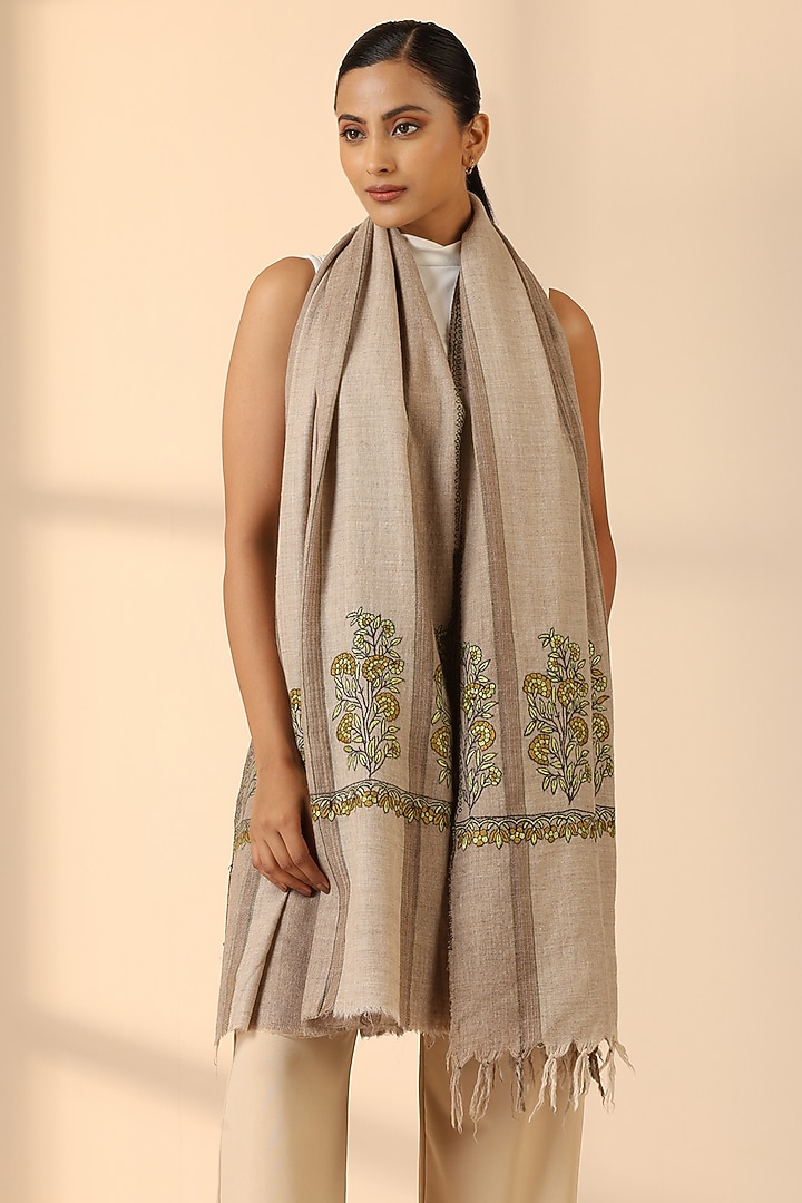 Beige Pashmina Wool Embroidered Handwoven Shawl by DUSALA  ACCESSORIES at Pernia's Pop Up Shop