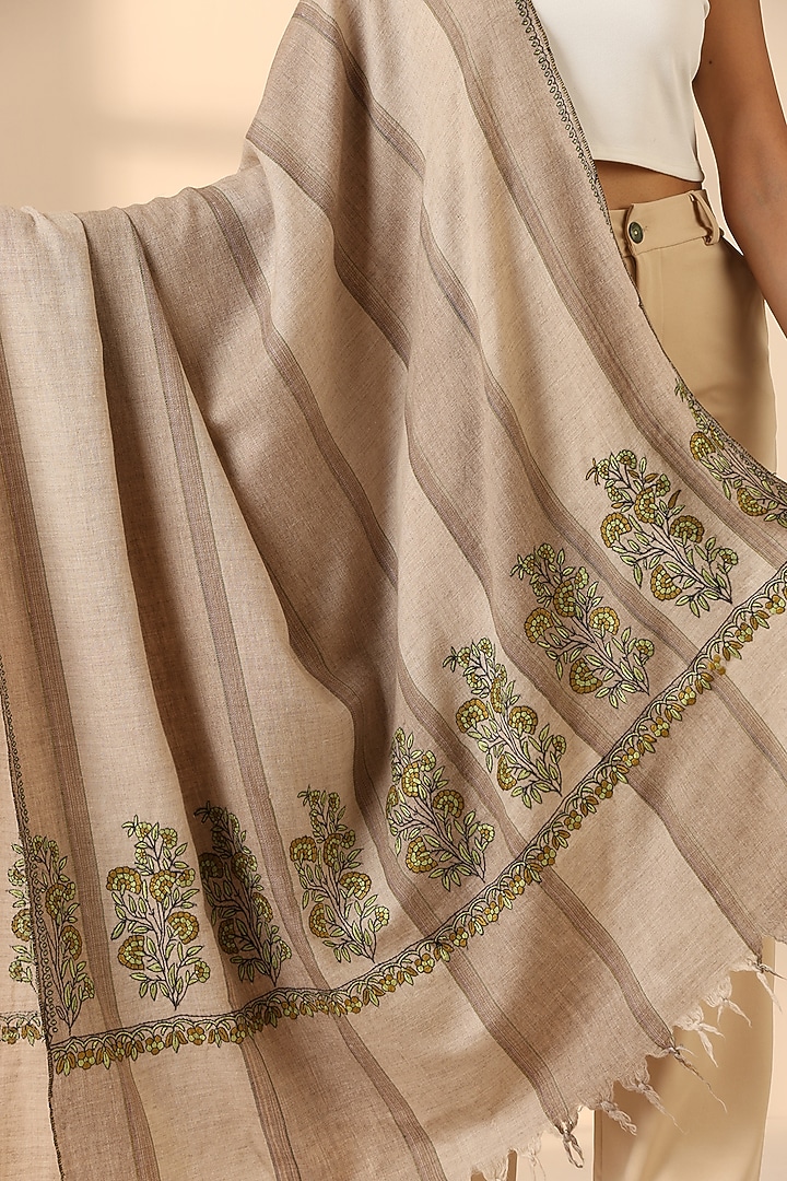 Beige Pashmina Wool Embroidered Handwoven Shawl by DUSALA  ACCESSORIES at Pernia's Pop Up Shop