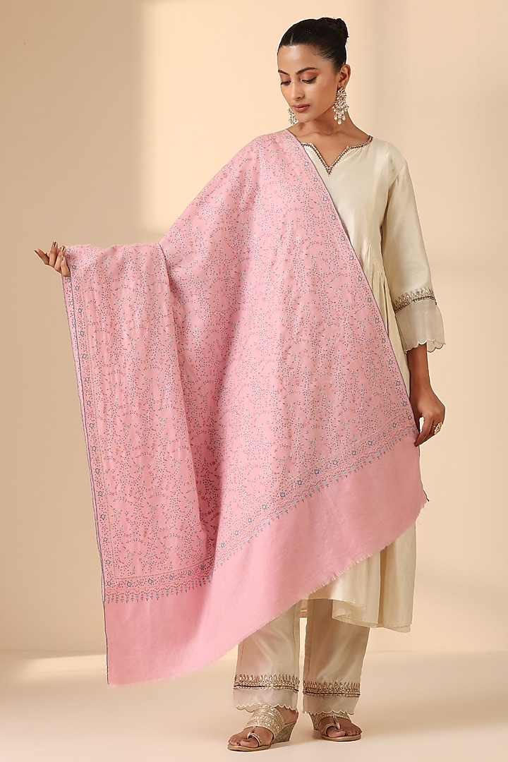 Baby Pink Pashmina Wool Embroidered Handwoven Shawl by DUSALA  ACCESSORIES at Pernia's Pop Up Shop