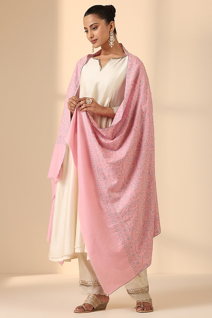 Baby Pink Pashmina Wool Embroidered Handwoven Shawl by DUSALA  ACCESSORIES at Pernia's Pop Up Shop