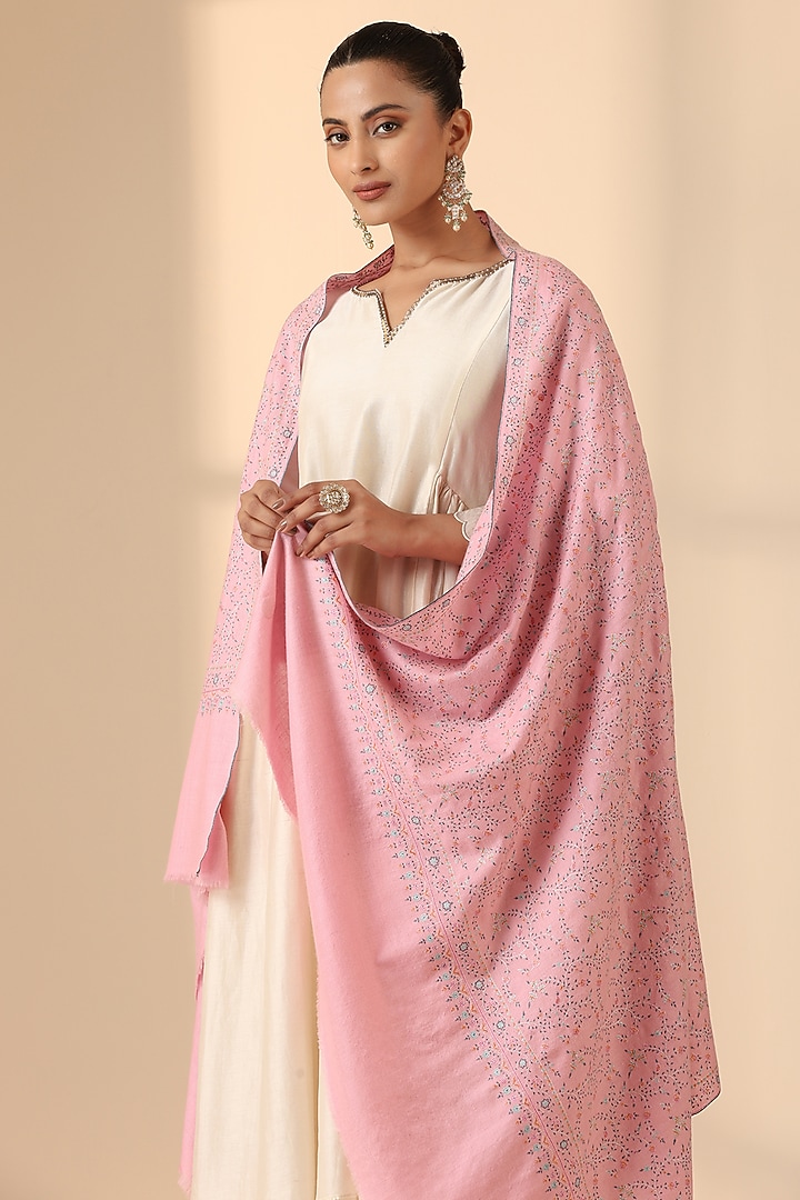 Baby Pink Pashmina Wool Embroidered Handwoven Shawl by DUSALA  ACCESSORIES at Pernia's Pop Up Shop