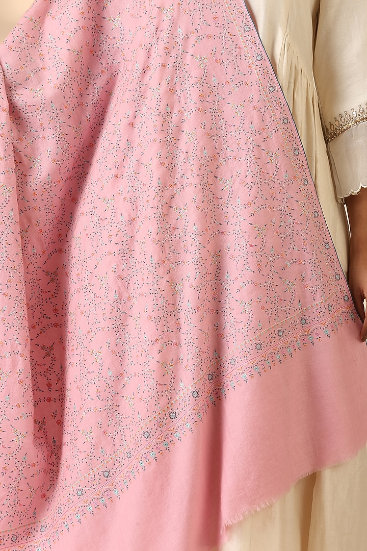 Baby Pink Pashmina Wool Embroidered Handwoven Shawl by DUSALA  ACCESSORIES at Pernia's Pop Up Shop
