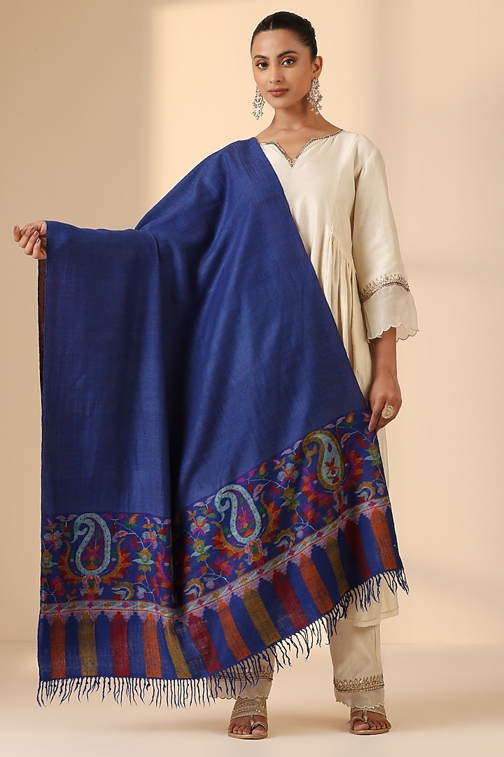 Multi-Colored Pashmina Wool Kani Embroidered Handwoven Shawl by DUSALA  ACCESSORIES