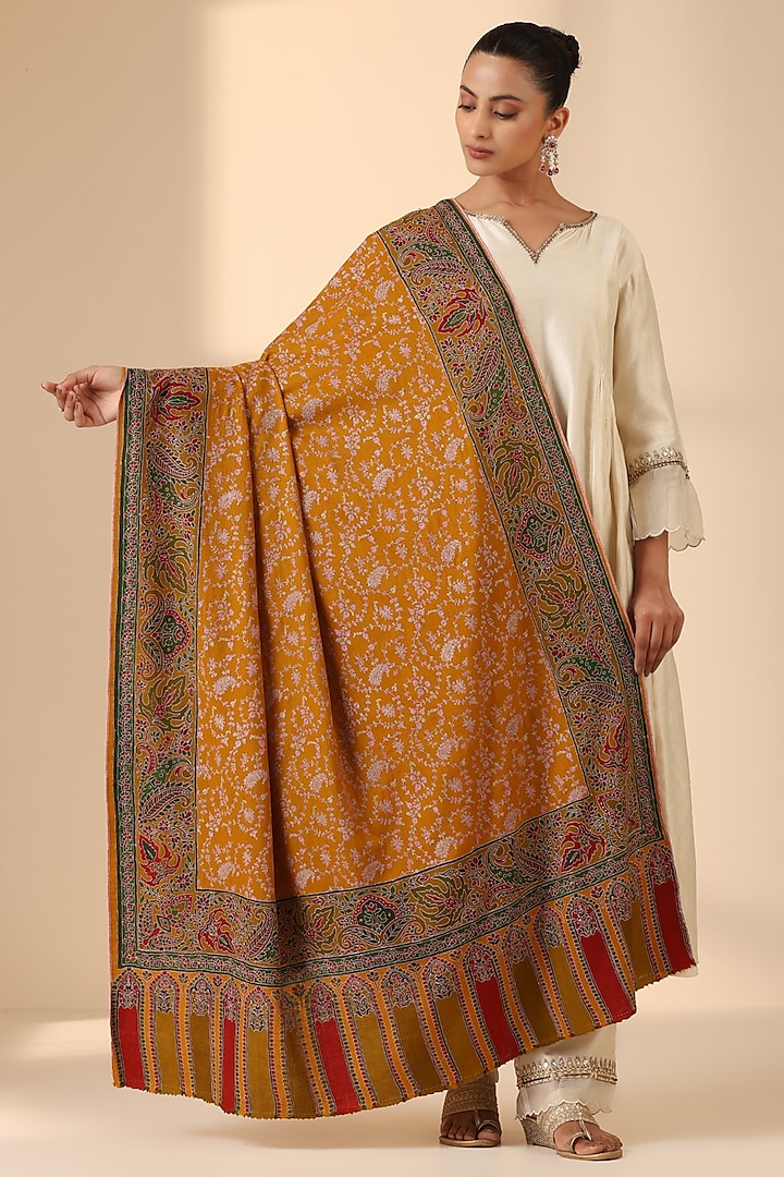 Mustard Pashmina Wool Embroidered Handwoven Shawl by DUSALA  ACCESSORIES at Pernia's Pop Up Shop