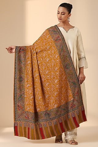 Mustard Pashmina Wool Embroidered Handwoven Shawl by DUSALA  ACCESSORIES