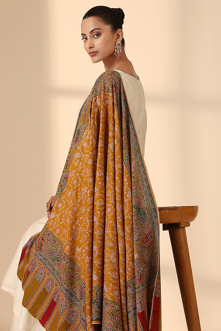 Mustard Pashmina Wool Embroidered Handwoven Shawl by DUSALA  ACCESSORIES at Pernia's Pop Up Shop