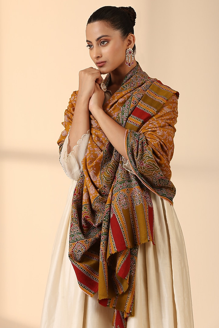 Mustard Pashmina Wool Embroidered Handwoven Shawl by DUSALA  ACCESSORIES at Pernia's Pop Up Shop