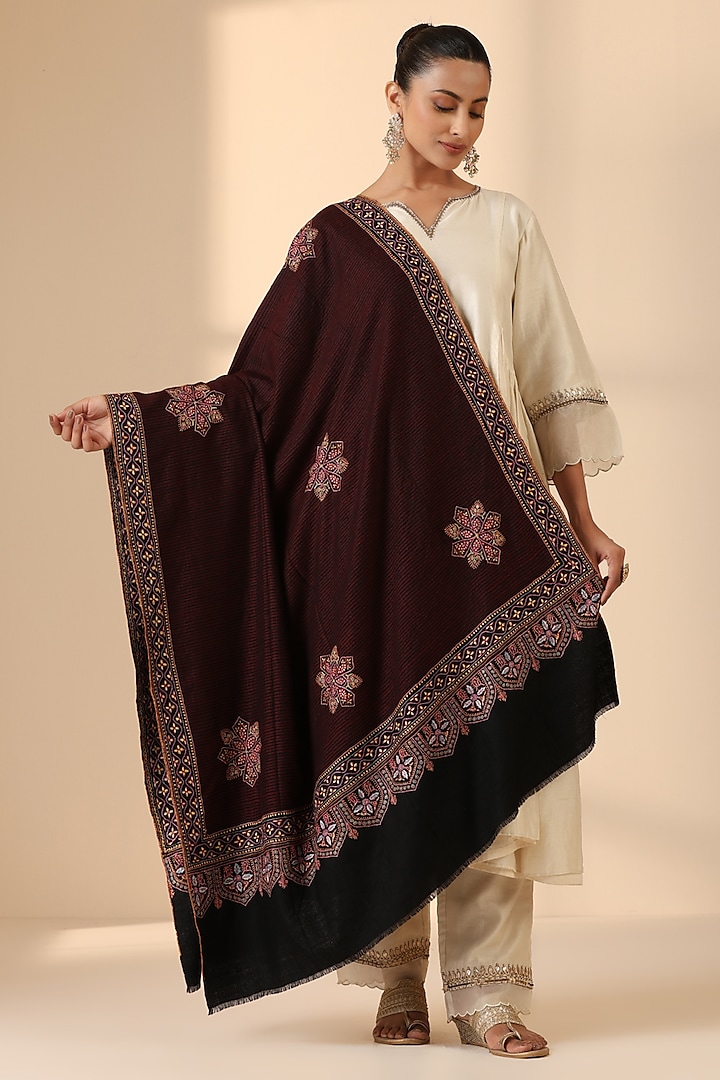 Dark Brown Pashmina Wool Embroidered Handwoven Shawl by DUSALA  ACCESSORIES at Pernia's Pop Up Shop