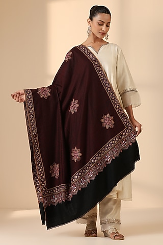 Dark Brown Pashmina Wool Embroidered Handwoven Shawl by DUSALA  ACCESSORIES