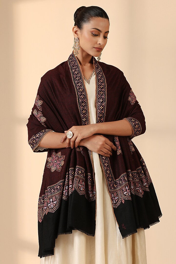 Dark Brown Pashmina Wool Embroidered Handwoven Shawl by DUSALA  ACCESSORIES at Pernia's Pop Up Shop