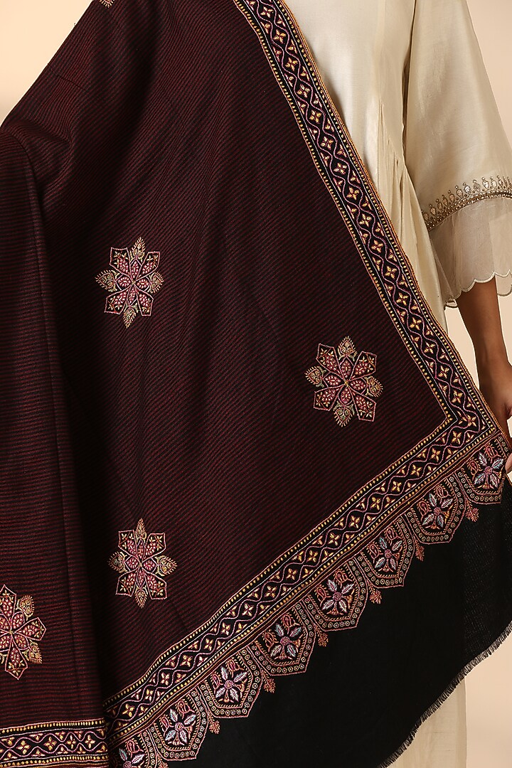 Dark Brown Pashmina Wool Embroidered Handwoven Shawl by DUSALA  ACCESSORIES at Pernia's Pop Up Shop