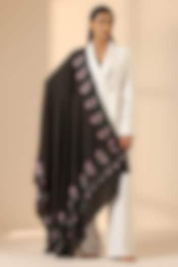 Black Pashmina Wool Sozni Embroidered Handwoven Shawl by DUSALA  ACCESSORIES