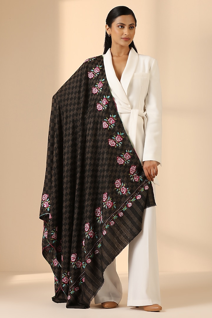 Black Pashmina Wool Sozni Embroidered Handwoven Shawl by DUSALA  ACCESSORIES